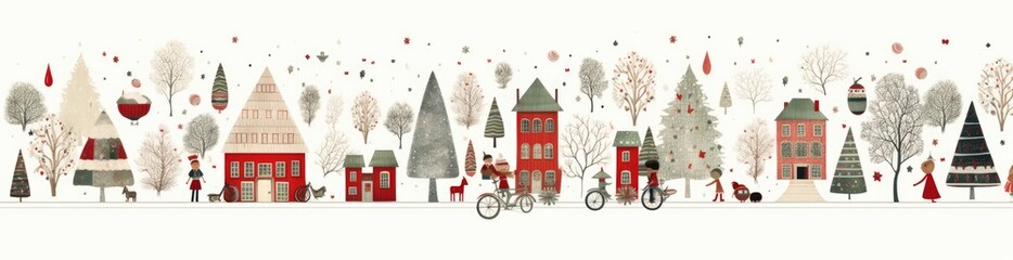 Obraz na płótnie Canvas Horizontal Christmas illustration with beatiful houses and pines. Generative AI