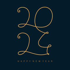 Modern abstract one single line art of 2024 happy new year greeting card with dark blue background and gold letters. Festive happy party fun.