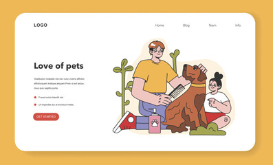 Characters grooming, taking care of a dog web banner or landing page.