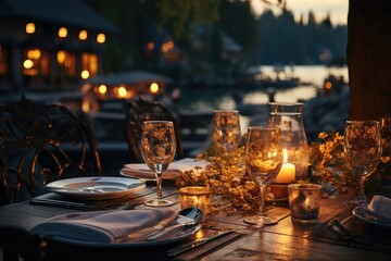 Fototapeta na wymiar Luxury dining chair and table near lake background. Generative AI