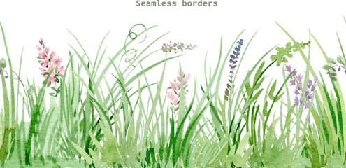 Watercolor seamless border with green grass, Greenery flower wildflowers, plants, leaves and herbs. Horizontal endless border, Fresh herbs and natural plants