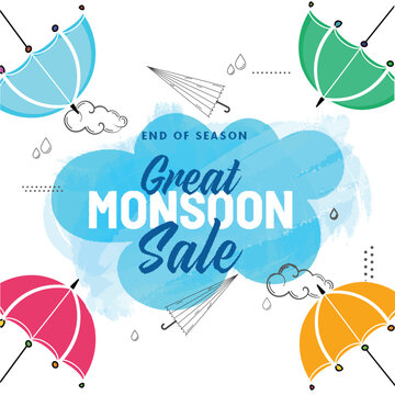 Great Monsoon Sale Poster Design with Colorful Umbrellas, Clouds Decorated on Blue and White Background.