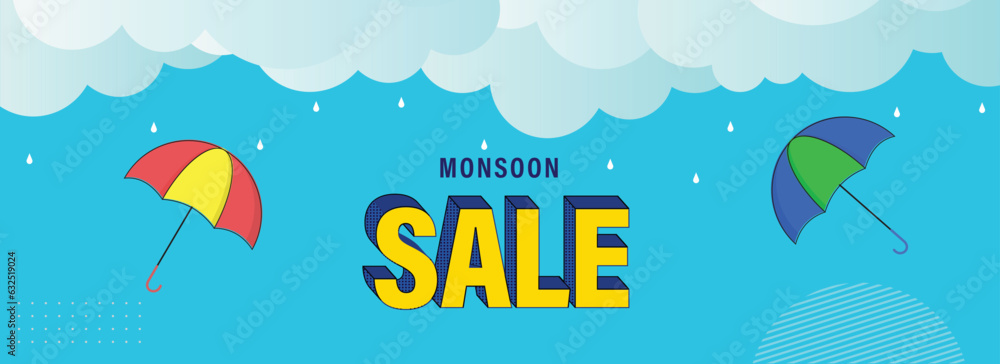 Sticker Monsoon Sale Banner or Header Design with Umbrellas on Rainy Clouds Blue Background.