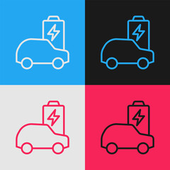 Fototapeta premium Pop art line Electric car and electrical cable plug charging icon isolated on color background. Renewable eco technologies. Vector