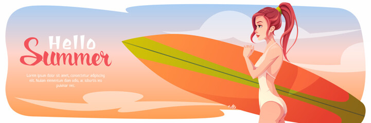 Horizontal summer banner with a girl with surfboard. Summer vacation at sea, beach vibe, holidays, active vacation. Summer background for poster, flyer, advertising