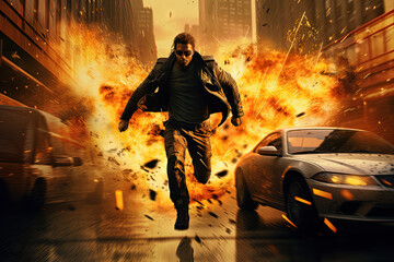 Action shot with man on the run. Dynamic scene in action movie blockbuster style.