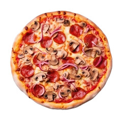 Pizza with salami, pepperoni, mushrooms, isolated on transparent background, Generative AI