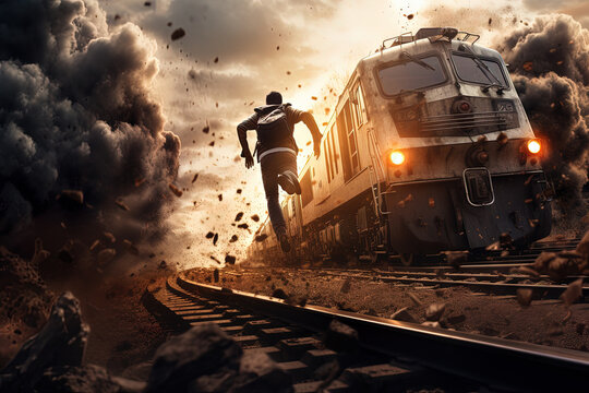 Action shot with man jumping off the train. Dynamic scene with railway carriage explosion in action movie blockbuster style.