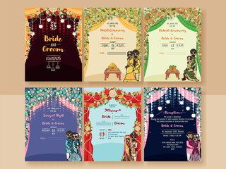 Indian Floral Wedding Invitation Card Like as Haldi, Mehndi, Sangeet, Pheras and Reception Ceremony Template.