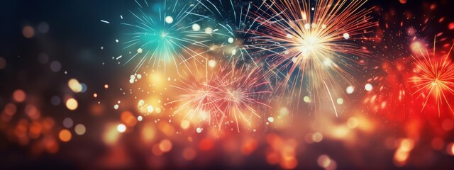 Obraz na płótnie Canvas HAPPY NEW YEAR 2024 - Firework silvester New Year's Eve Party festival celebration holiday background banner greeting card - Closeup of colorful fireworks pyrotechnics in the night (Generative Ai).