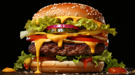 a freshly grilled American burger, tantalizing and savory.