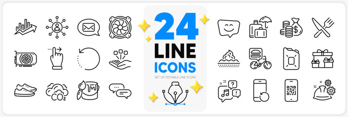 Icons set of Voicemail, Coins bag and Recovery phone line icons pack for app with Messenger, Smile face, Qr code thin outline icon. Networking, Dots message, Skin care pictogram. Shoes. Vector