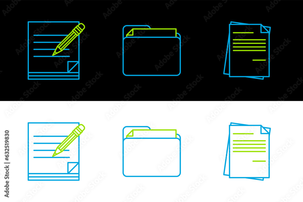 Poster set line file document, blank notebook and pencil with eraser and document folder icon. vector