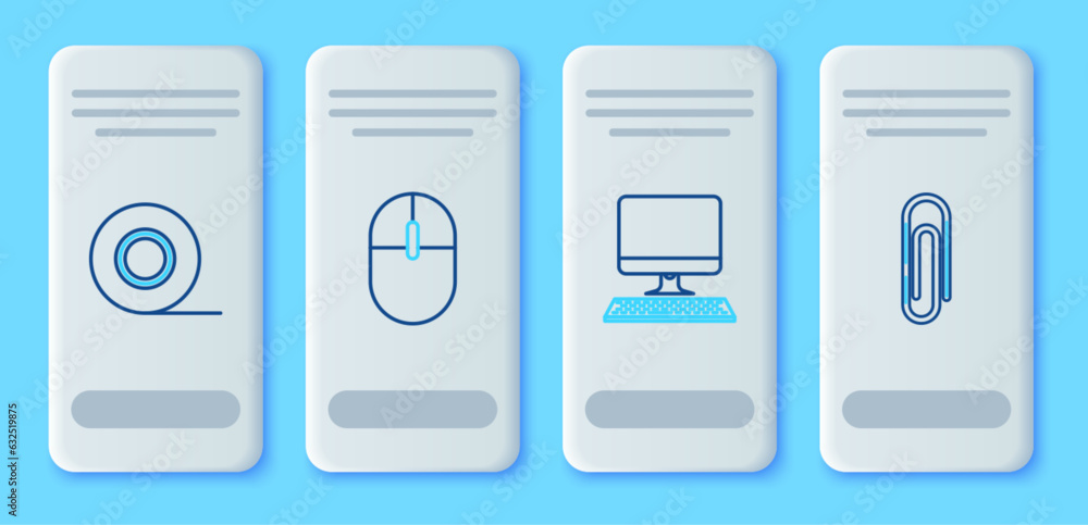Poster set line computer mouse, monitor with keyboard, scotch and paper clip icon. vector
