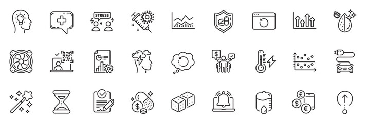Icons pack as Dirty water, Difficult stress and Qr code line icons for app include Trade infochart, Medical tablet, Mindfulness stress outline thin icon web set. Magic wand. Vector
