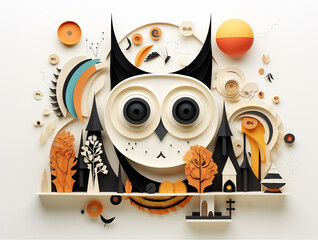 Owl and the city, Halloween illustration concept. paper collage and mix media, Minimal design. On white background