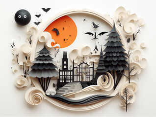 Castle and nightmare. Halloween illustration concept. paper collage and mix media, Minimal design. On white background