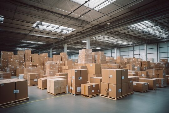 Large warehouse with cardboard boxes. Beautiful illustration picture. Generative AI