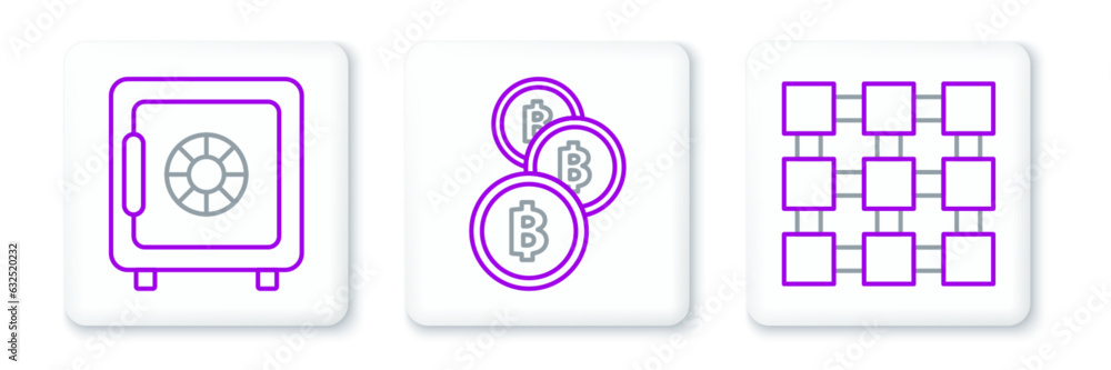 Poster set line blockchain technology, safe and cryptocurrency coin bitcoin icon. vector