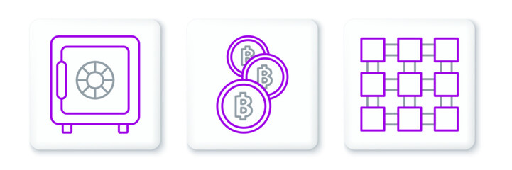 Obraz premium Set line Blockchain technology, Safe and Cryptocurrency coin Bitcoin icon. Vector