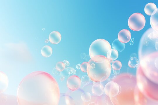 Colorful soap bubbles in the sky. Beautiful illustration picture. Generative AI