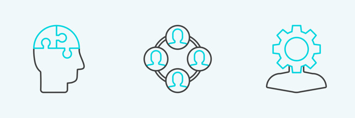 Set line Human with gear inside, head puzzles strategy and Project team base icon. Vector