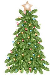 Christmas tree with Xmas star and lights isolated.Green fir or pine tree decorated with glowing garland and baubles.Element design for New Year holiday,Card,Invitation