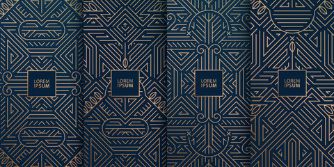 Vector set of art deco, fancy line labels, banners. Geometric wine, jewelry, tea, chocolate package templates, gold luxury design