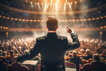 conductor commands the orchestra on stage, orchestrating a mesmerizing performance that resonates with the crowd at this spectacular musical event. - obrazy, fototapety, plakaty