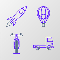 Set line Delivery cargo truck vehicle, Bicycle, Hot air balloon and Rocket ship with fire icon. Vector