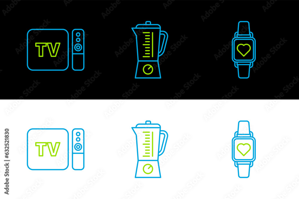 Poster set line smart watch showing heart beat rate, tv box receiver and player with remote controller and 