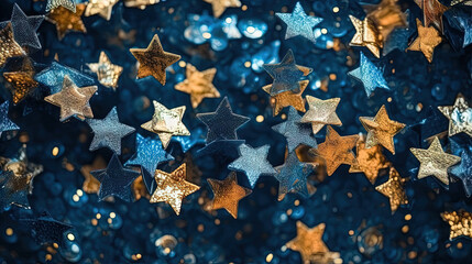 Abstract shiny background with blue and golden glitter. Scattered confetti sparkles with shiny gold...