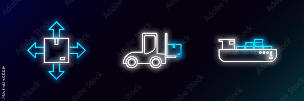 Wall mural set line cargo ship with boxes delivery service, cardboard traffic symbol and forklift truck icon. g