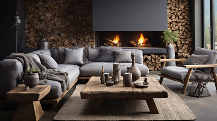 Cosy Tranquility: Fireplace and Wooden Logs Coffee Table in a Modern Scandinavian Living Room. Generative AI