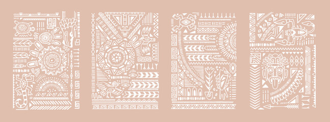 Aztec, African, Mayan ornaments set. Abstract geometric shapes and animals in boho style, ethnic pattern, tribal elements. Ancient Cherokee, Mexican tattoo, wall art. Flat graphic vector illustration - obrazy, fototapety, plakaty