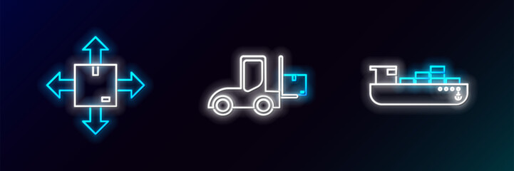 Set line Cargo ship with boxes delivery service, Cardboard traffic symbol and Forklift truck icon. Glowing neon. Vector