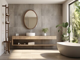 Fototapeta na wymiar Modern bathroom featuring a natural stone countertop with an integrated sink, a round mirror, a shower cabin, a round bathtub generative ai