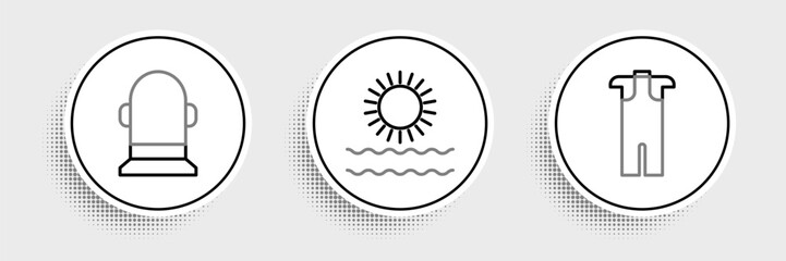 Obraz premium Set line Wetsuit for scuba diving, Buoy and Sun and waves icon. Vector