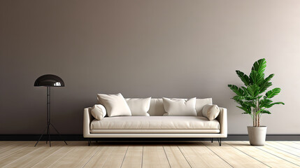 Interior with sofa in modern design. Wide couch in the contemporary room.