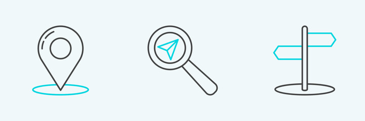 Set line Road traffic sign, Map pin and Search location icon. Vector