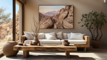 Modern Tranquility: Beige Corner Sofa in a Minimalist Living Room. Generative AI