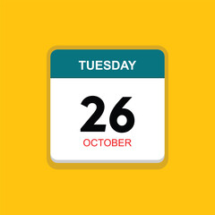 october 26 tuesday icon with yellow background, calender icon