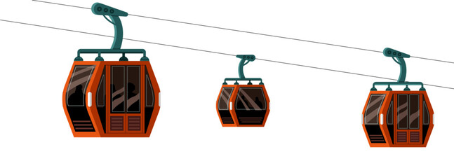 Cable cars, cabins on rope of cableway. Funicular, ski elevator lift tourists on high mountain. Air railway for season sports and recreation trip. Flat isolated vector illustration on white background - obrazy, fototapety, plakaty