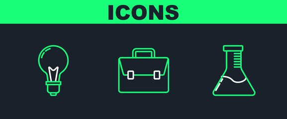 Set line Test tube and flask chemical laboratory, Light bulb with concept of idea and Briefcase icon. Vector