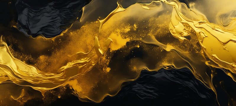 Abstract marbled oil acrylic paint ink painted waves painting texture colorful background banner on canvas - Black and gold color swirls waves (Generative Ai)