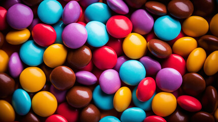Obraz premium Close up of a pile of colorful chocolate coated candies. Candy background. Generative AI
