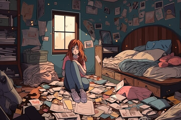 A sad girl's mental illness in a dark bedroom, with messy and scattered papers around the room,unemployed,realistic cartoon style - obrazy, fototapety, plakaty