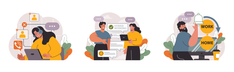 Hybrid work set. Characters with a flexible schedule, working from office