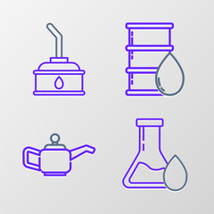Set line Oil petrol test tube, Canister for motor machine oil, Barrel and icon. Vector