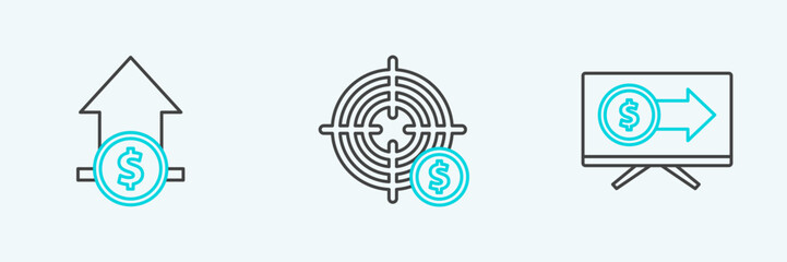 Set line Monitor with dollar, Financial growth and coin and Target symbol icon. Vector